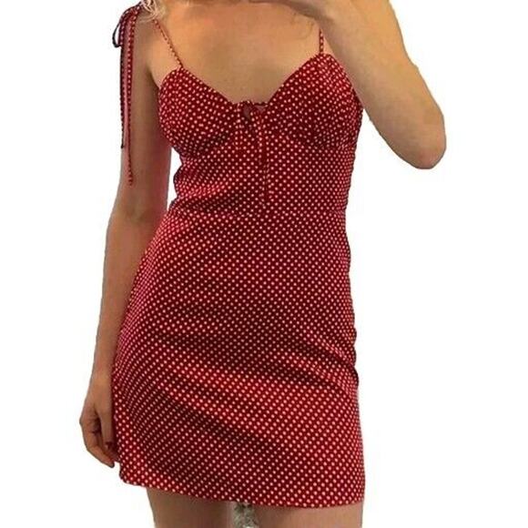Fashion Nova Red White Polka Dot Mini Dress Adjustable Tie Straps - Picture 2 of 10
